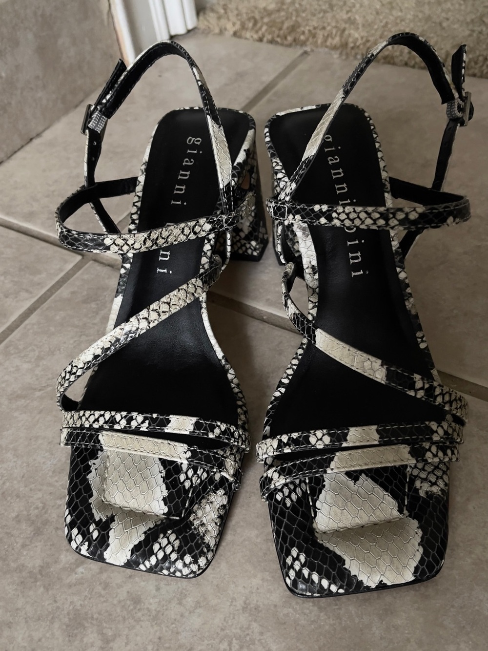 Gianni Bini Black and White Snake-Print Strappy Heels